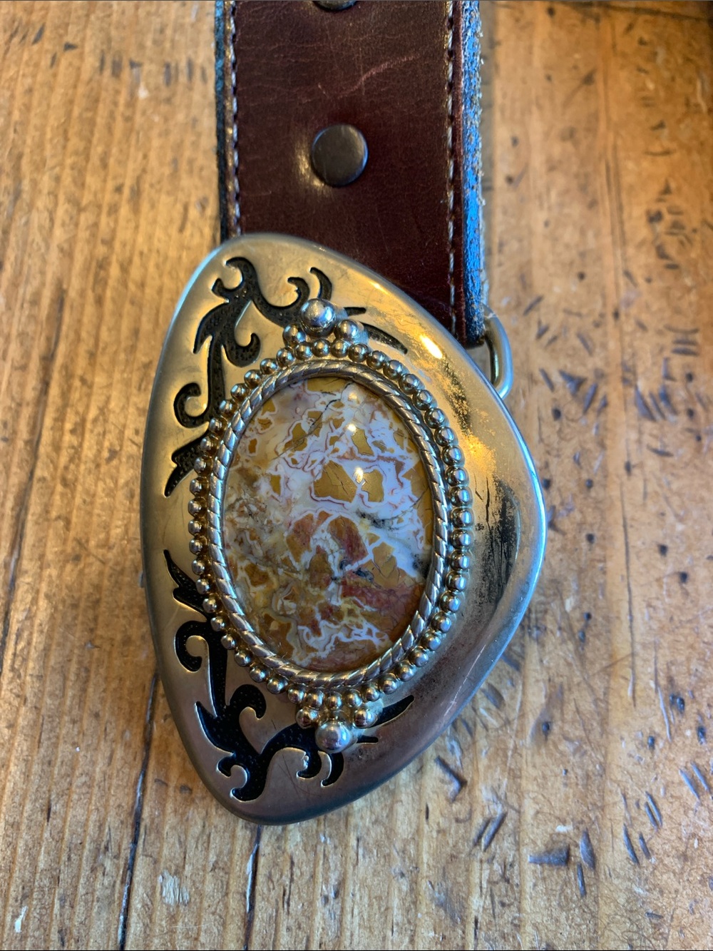Brown Leather Belt with Agate Stone Buckle - Picture 9 of 16